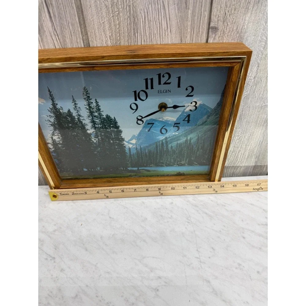 Vintage Elgin Mountain Landscape Wall Clock Wood Frame Nature Scene 12.5x10.5